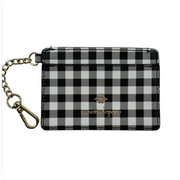 Nanette Lepore Plaid Card Holder Black White Checkered Keychain Wallet - Picture 1 of 8